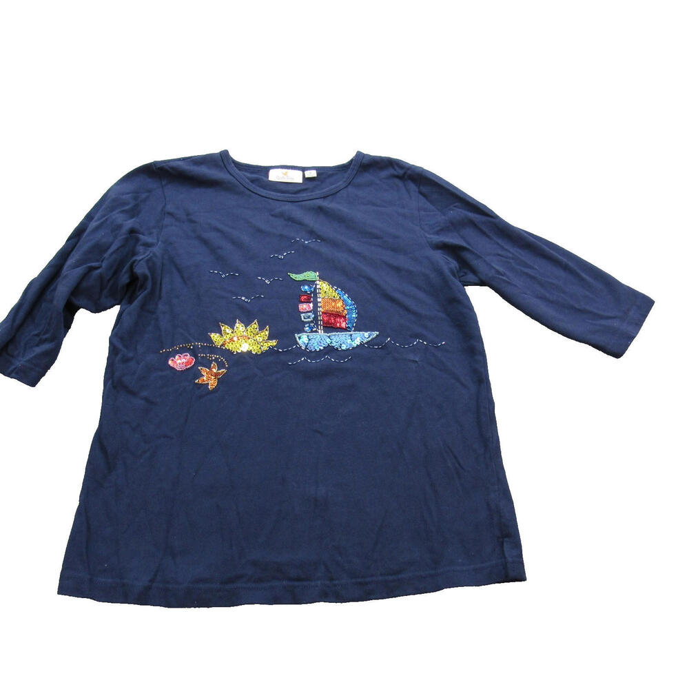 Quacker Factory Shirt Womens Medium Sequin Sailboat 3/4 Sleeve Nautical Top‎